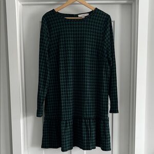 LOFT Teal and Black Houndstooth Knit Dress with Ruffle Hem - 237